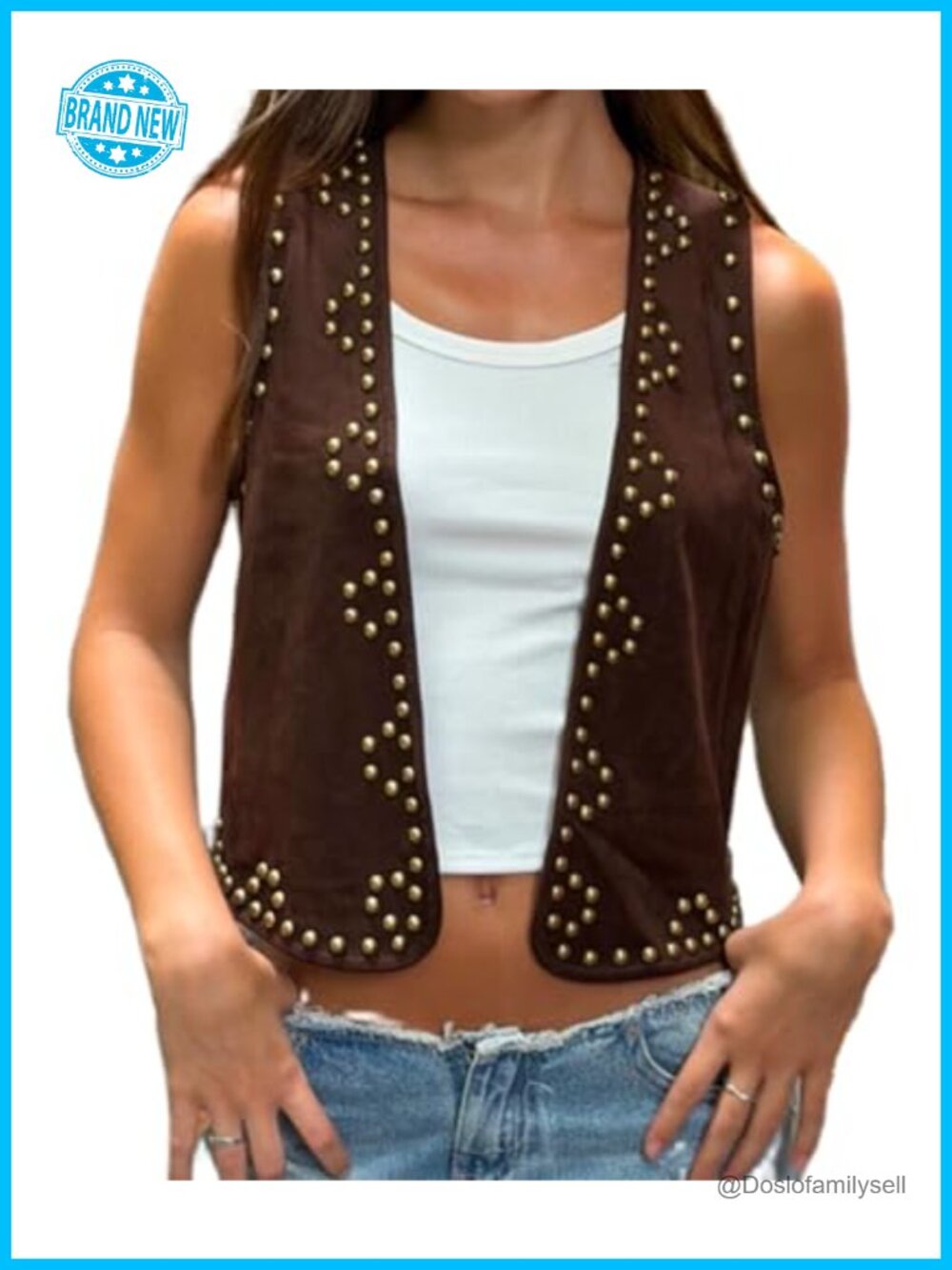 Faux Suede Studded Open Front Vest Sleeveless Cowgirl Western